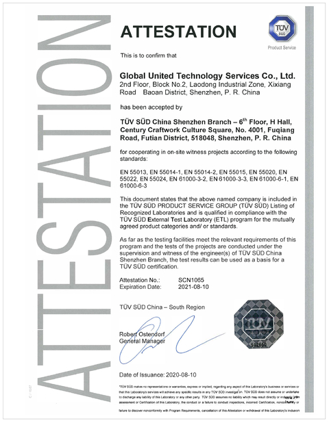 Porcellana Global United Technology Services Co.,Ltd. Certificazioni
